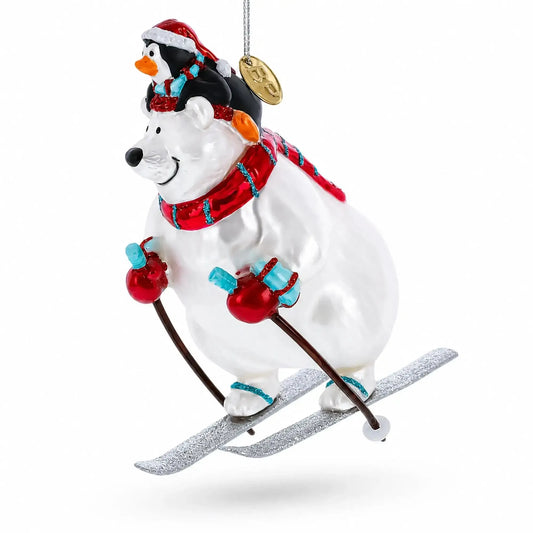 Skiing Polar Bear with Penguin Glass Christmas Ornament BestPysanky Default Title Default Title-