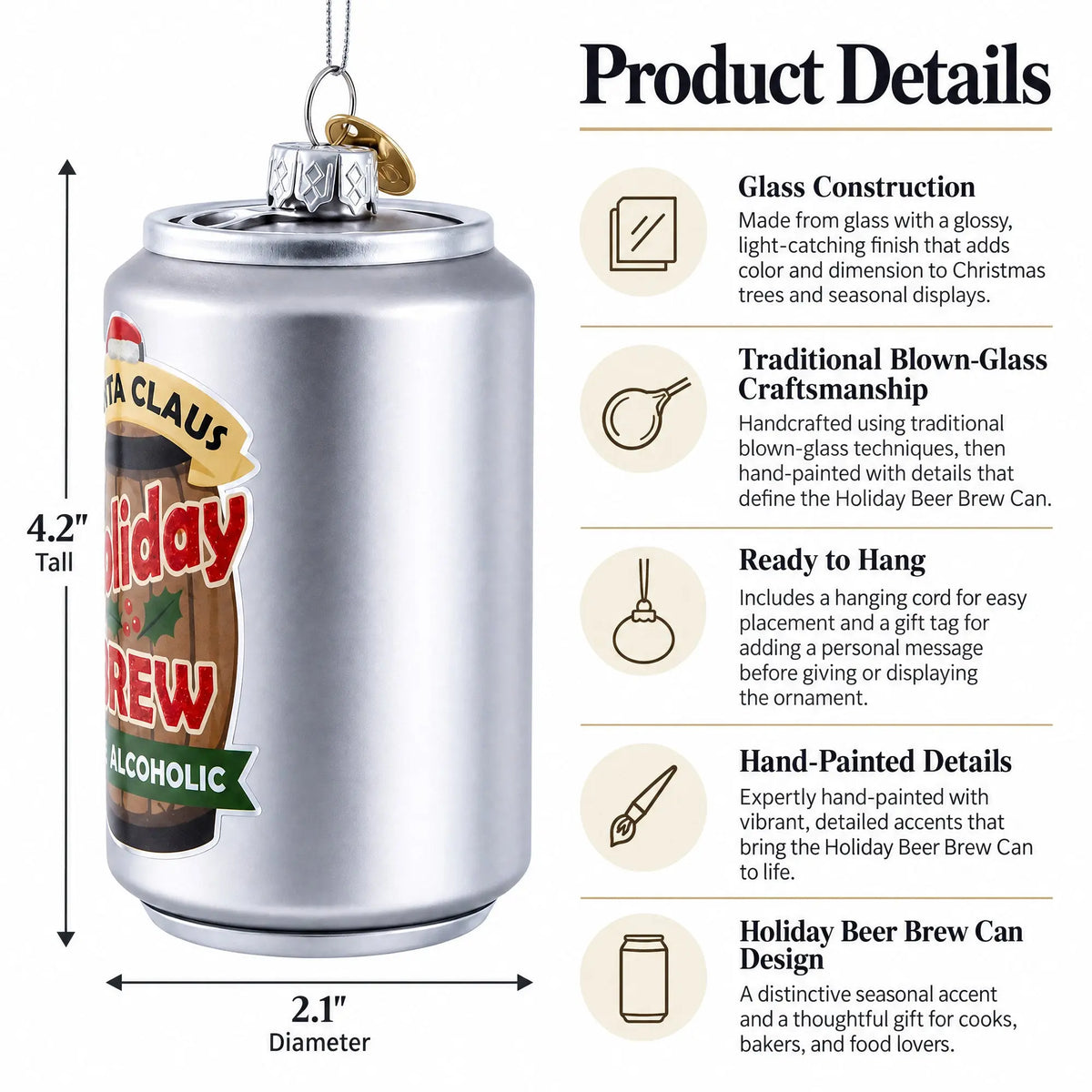 Holiday Non-Alcoholic Beer Brew Can Glass Christmas Ornament