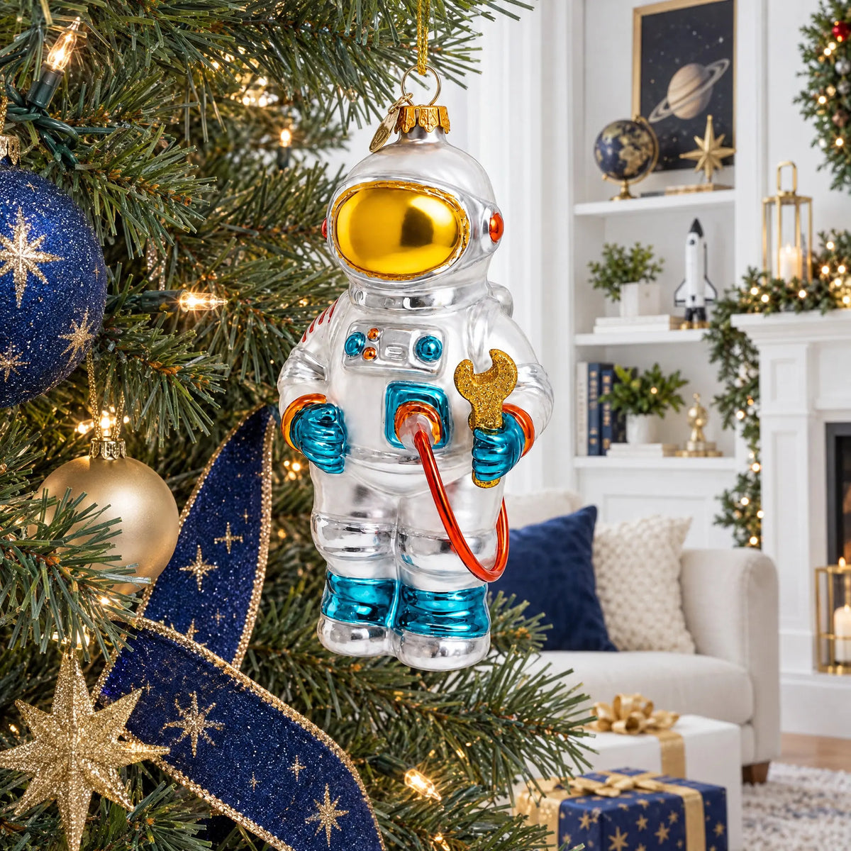 Astronaut Engineer with Tool Glass Christmas Ornament
