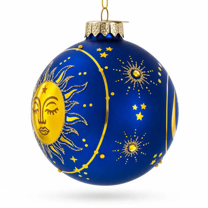 Blue Celestial Sun Face and Moon Glass Ball Christmas Ornament
