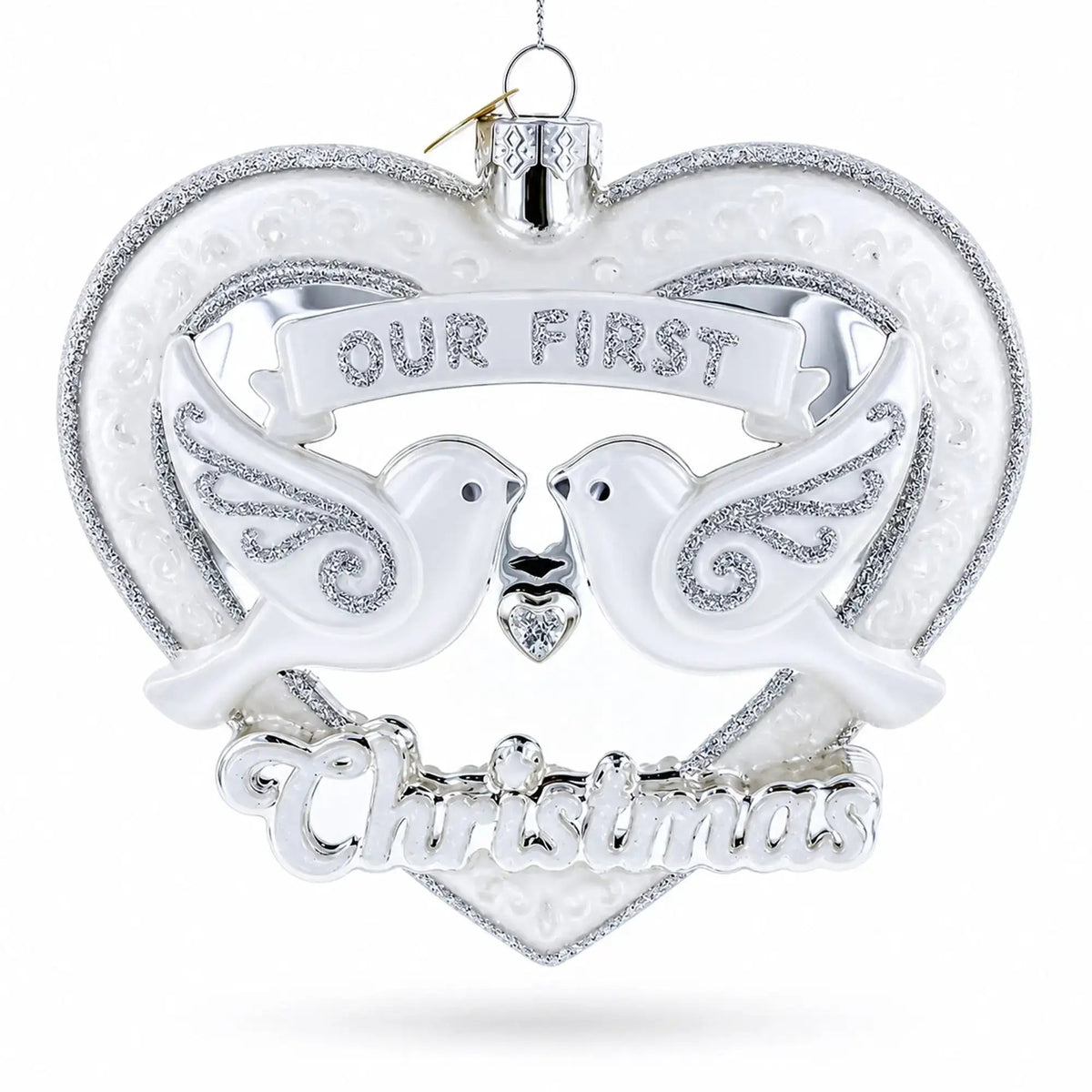 Our First Christmas Romantic Lovebirds Heart Glass Christmas Ornament