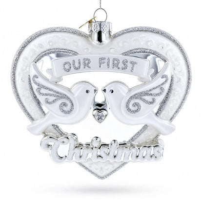 Our First Christmas Romantic Lovebirds Heart Glass Christmas Ornament
