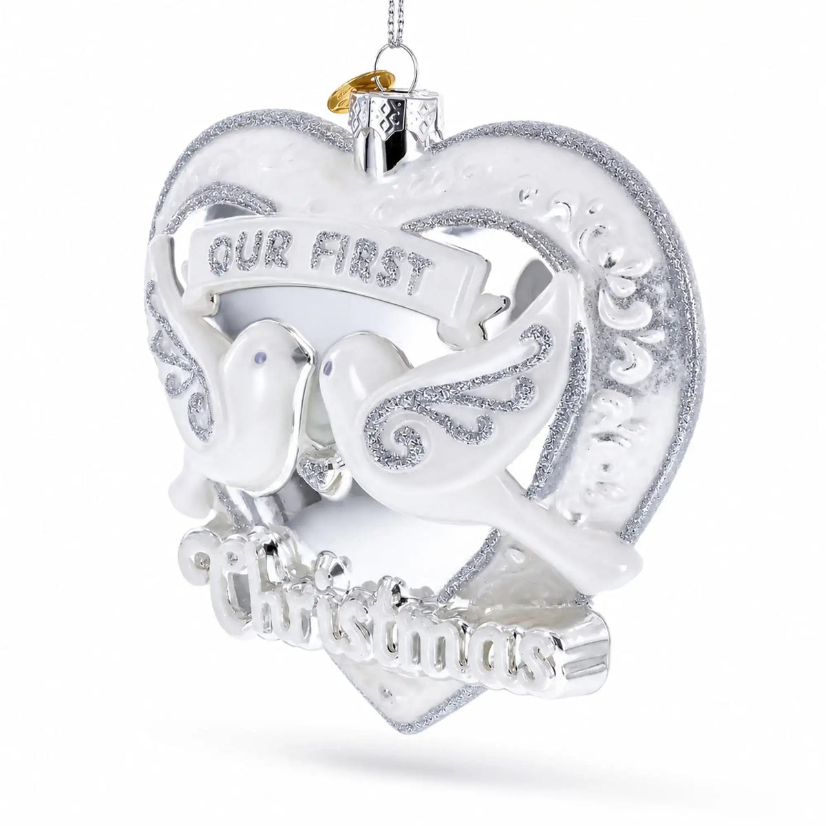 Our First Christmas Romantic Lovebirds Heart Glass Christmas Ornament