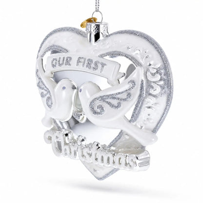 Our First Christmas Romantic Lovebirds Heart Glass Christmas Ornament