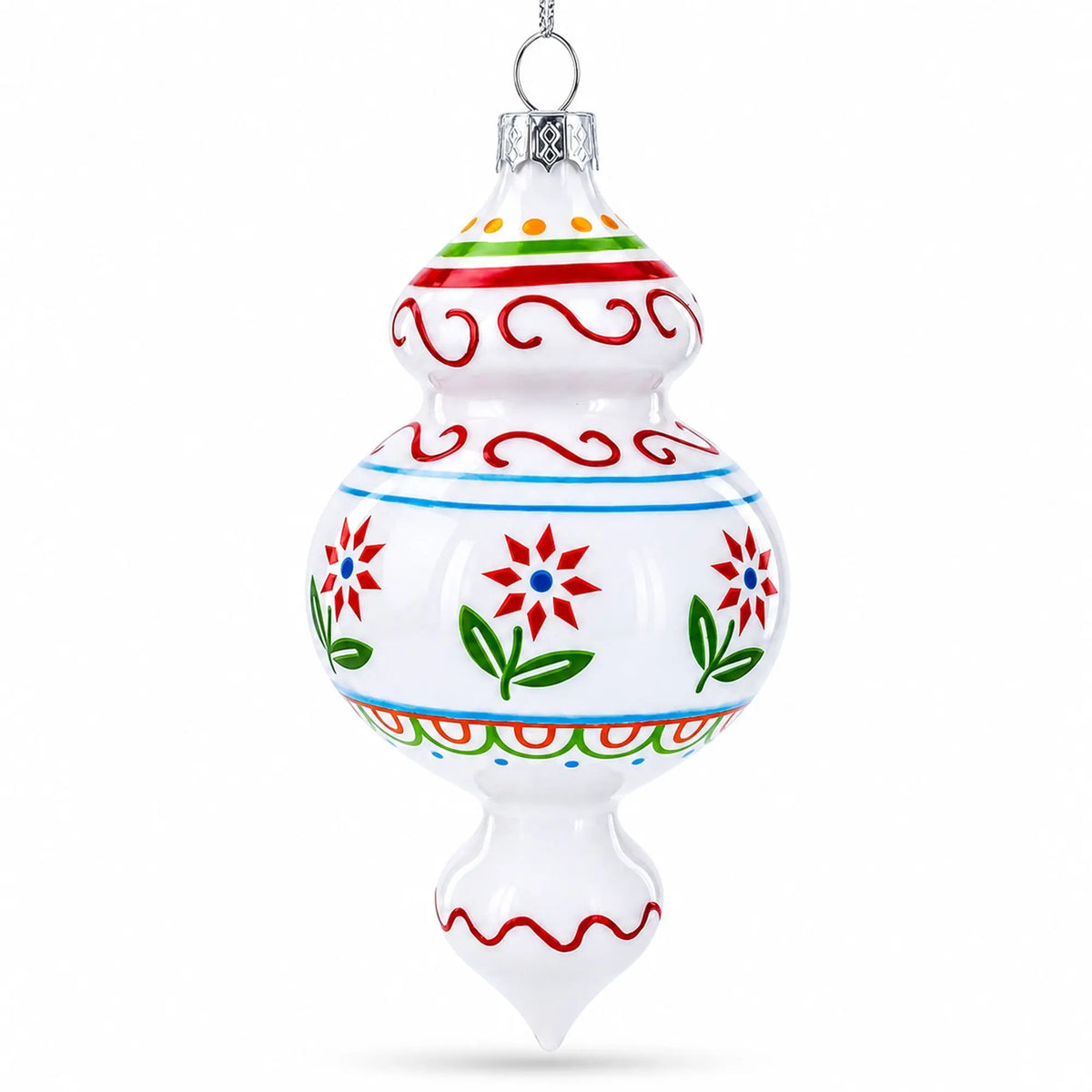 Red Flowers and Swirls Glass Christmas Ornament