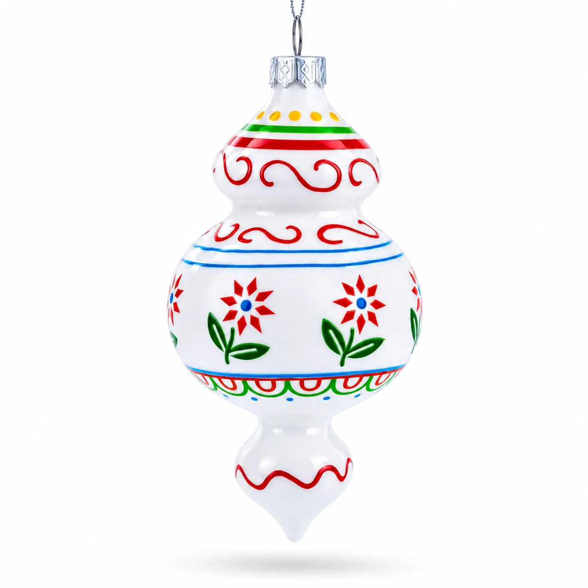 Red Flowers and Swirls Glass Christmas Ornament