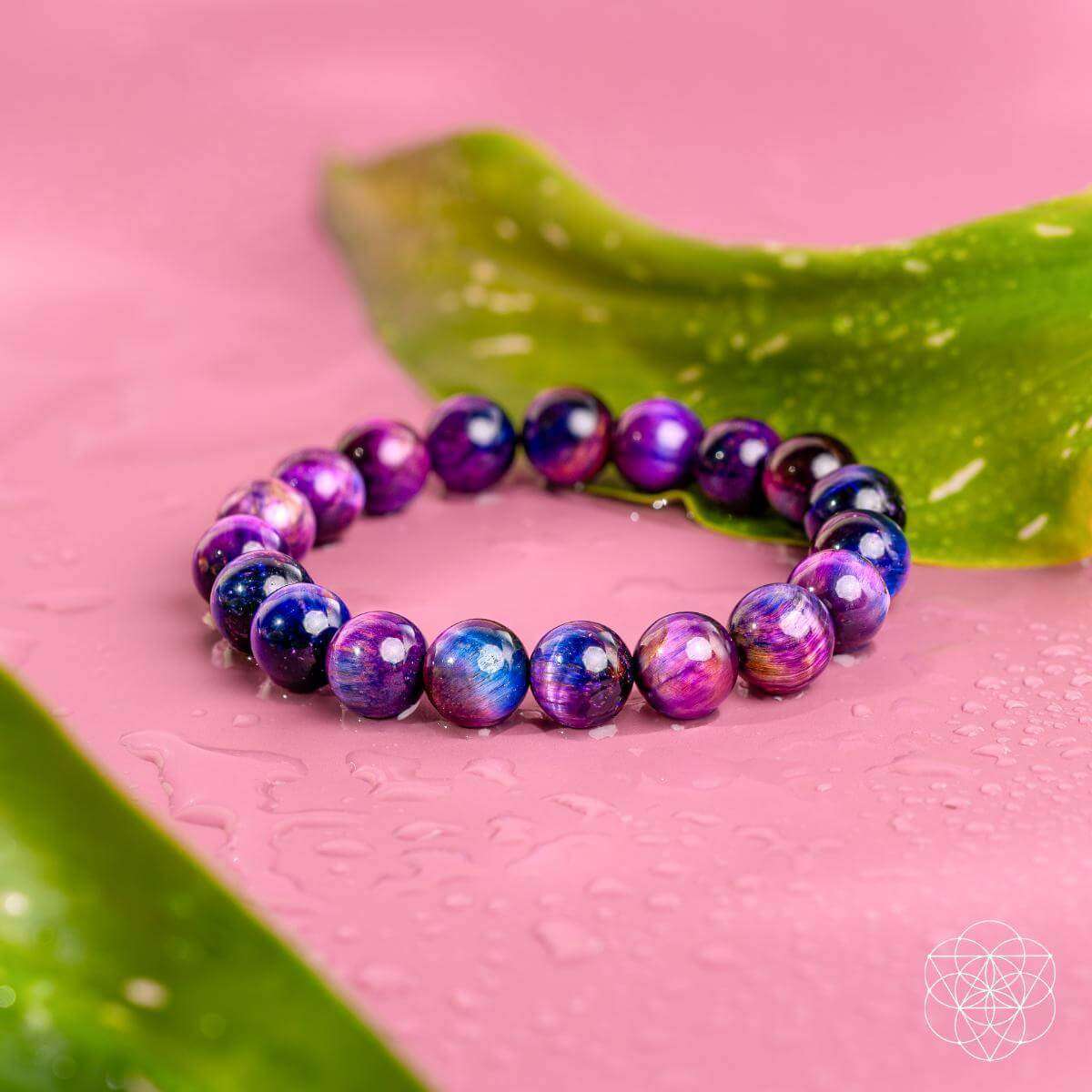 Purple and blue beaded bracelet with round galaxy-look gemstone beads