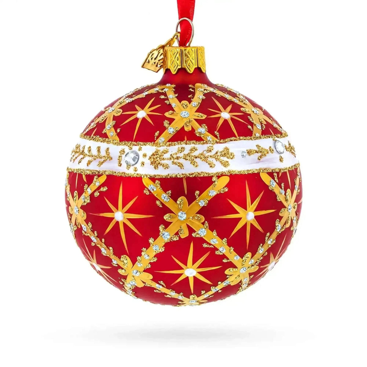 Diamond Trellis on Red Glass Ball Christmas Ornament 3.25 Inches Cartsfy Inc.
