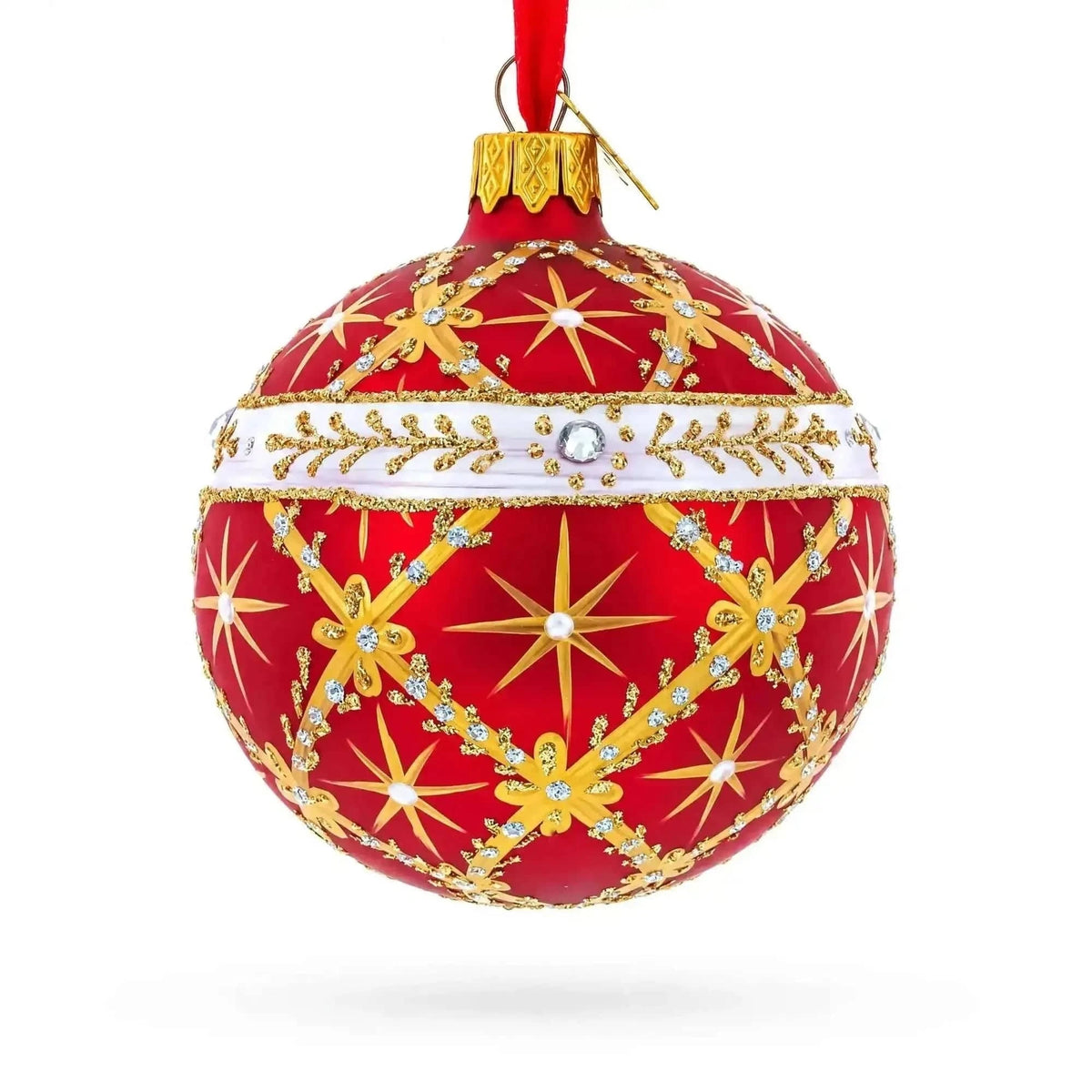 Diamond Trellis on Red Glass Ball Christmas Ornament 3.25 Inches Cartsfy Inc.