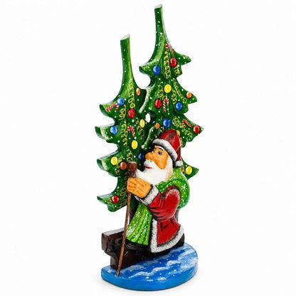Did Moroz (Santa) and Christmas Tree Hand Carved Ukrainian Wooden Figurine 12.25 Inches Cartsfy Inc.