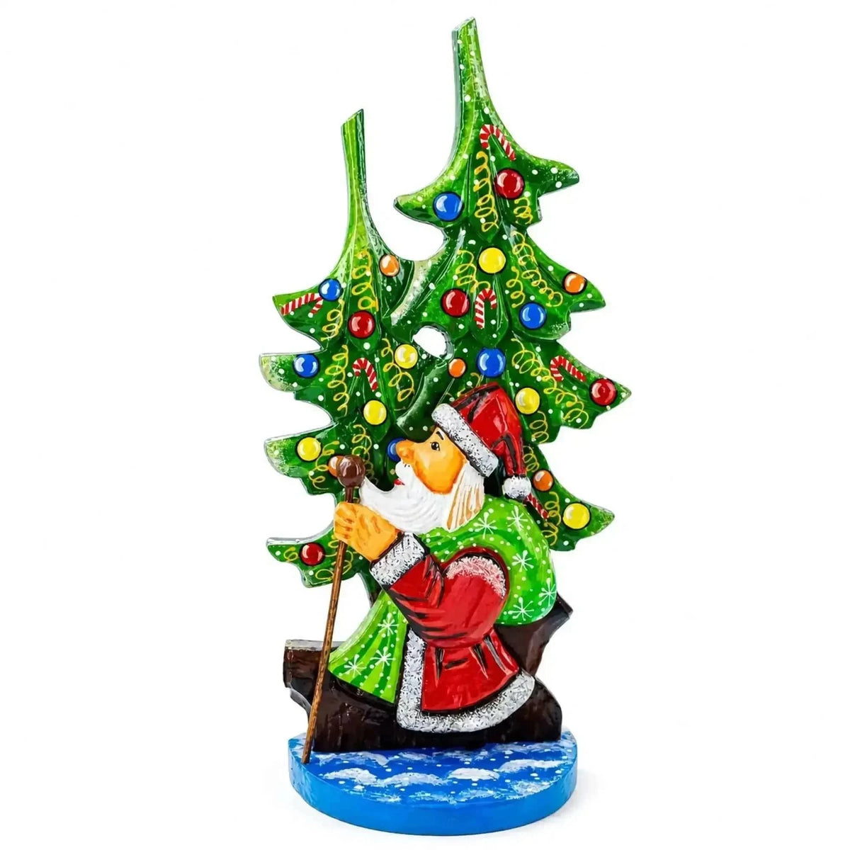 Did Moroz (Santa) and Christmas Tree Hand Carved Ukrainian Wooden Figurine 12.25 Inches Cartsfy Inc.