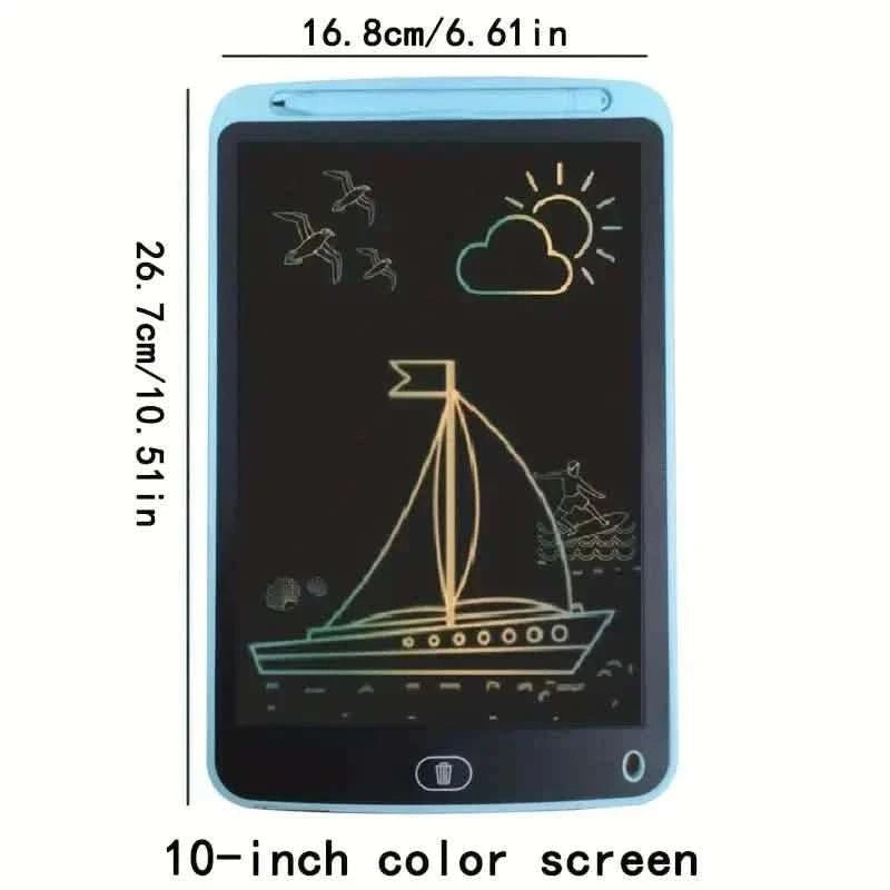 Blue digital writing tablet with 10-inch color screen showing sailboat doodle