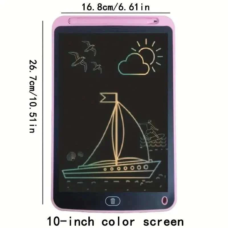 Pink digital writing tablet with 10-inch color screen showing sailboat doodle