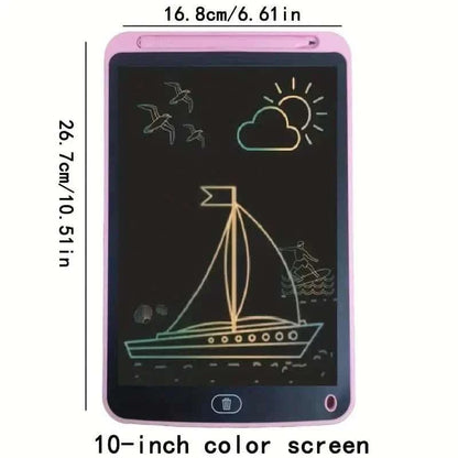 Pink digital writing tablet with 10-inch color screen showing sailboat doodle