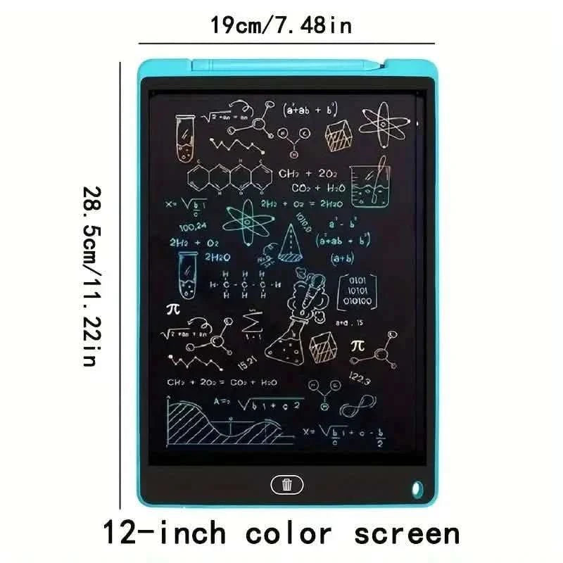 Blue digital writing tablet with 12-inch color screen showing chemistry doodles