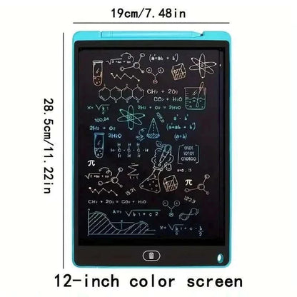 Blue digital writing tablet with 12-inch color screen showing chemistry doodles