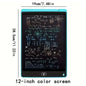 Blue digital writing tablet with 12-inch color screen showing chemistry doodles