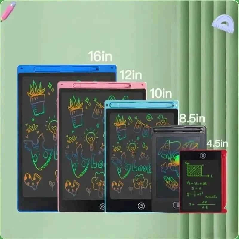 Set of digital writing tablets with size labels and colorful icons on dark screens