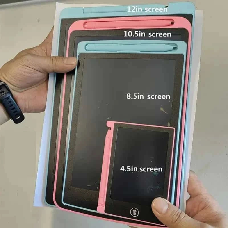 Set of LCD writing tablets showing 12.5, 10.5, 8.5 and 4.5 inch screens in pink and blue