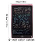 Pink LCD writing tablet with stylus, black writing screen and colorful math doodles