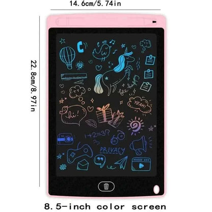 Pink digital writing tablet with 8.5-inch color screen covered in icons