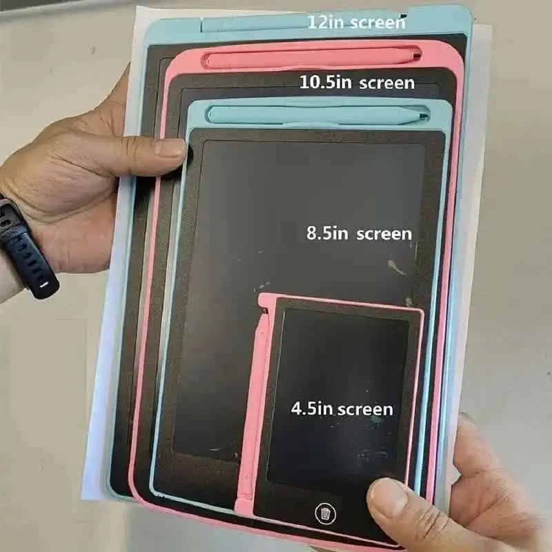 Stacked LCD writing tablets in pink and blue frames, showing multiple screen sizes
