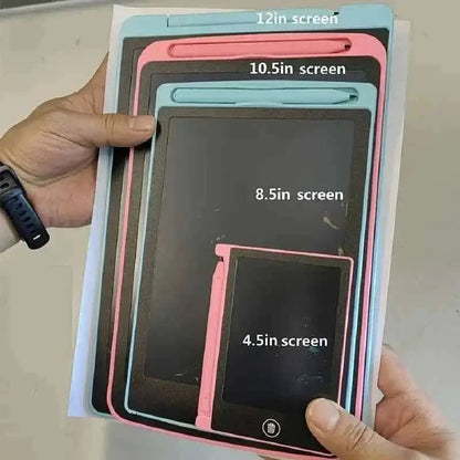 Stacked LCD writing tablets in pink and blue frames, showing multiple screen sizes