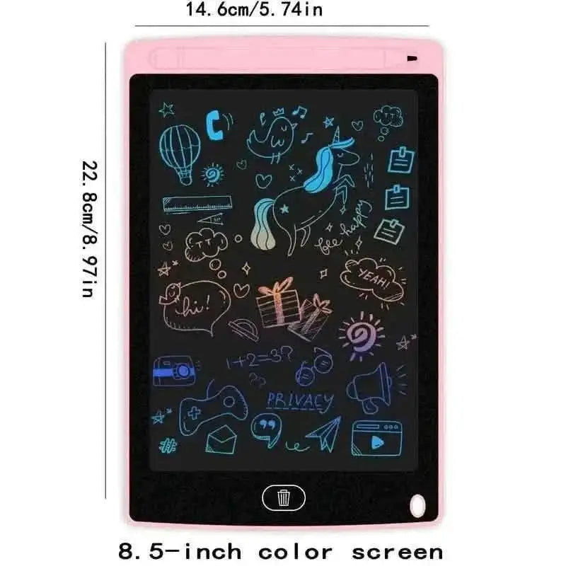 Pink LCD writing tablet with 8.5-inch color screen and neon doodles