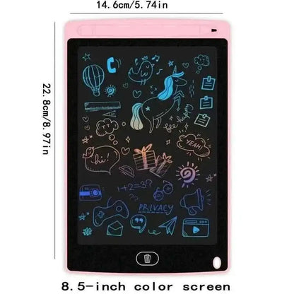Pink LCD writing tablet with 8.5-inch color screen and neon doodles