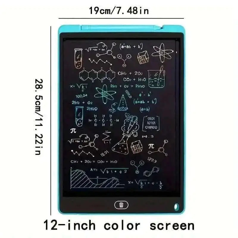 Blue LCD writing tablet with 12-inch color screen and math equation drawings