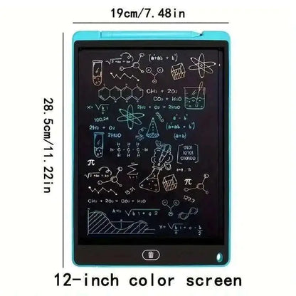 Blue LCD writing tablet with 12-inch color screen and math equation drawings