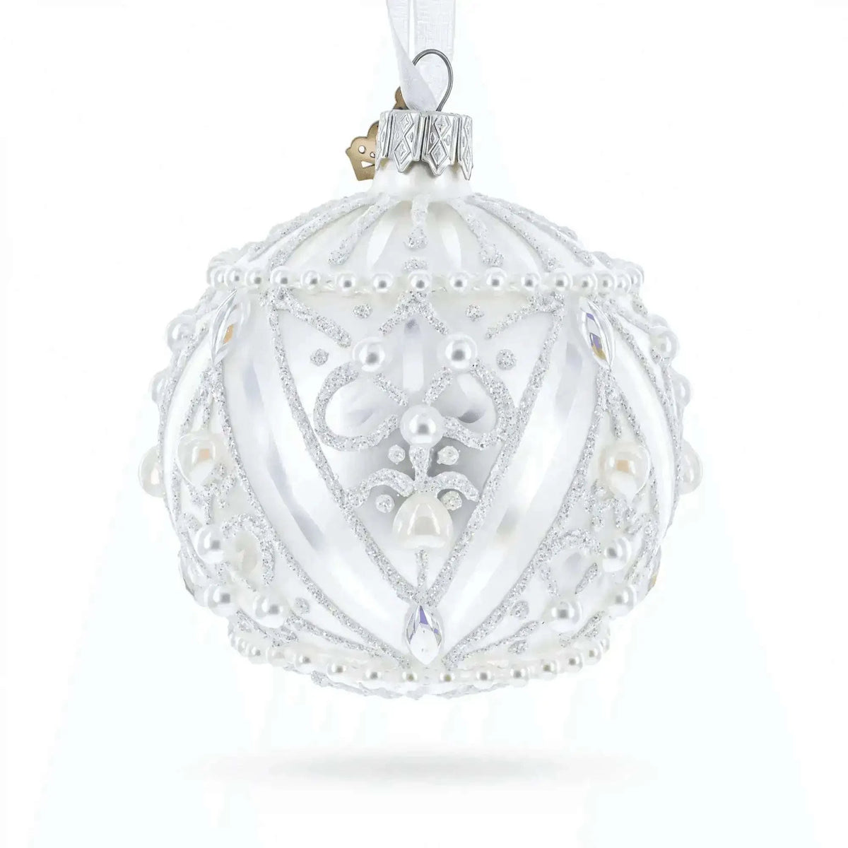 Dimensional Pearl Drops on White Ball Glass Christmas Ornament 3.25 Inches Cartsfy Inc.