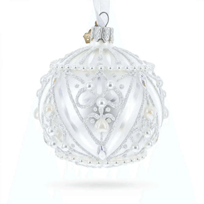 Dimensional Pearl Drops on White Ball Glass Christmas Ornament 3.25 Inches Cartsfy Inc.