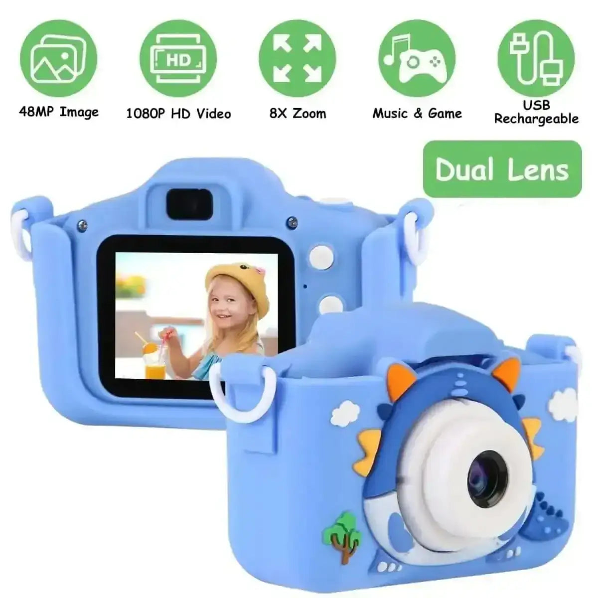 Dinosaur Kids Selfie 48MP 1080P HD Cartoon Digital Camera DailySale Blue Pink Blue-Pink-