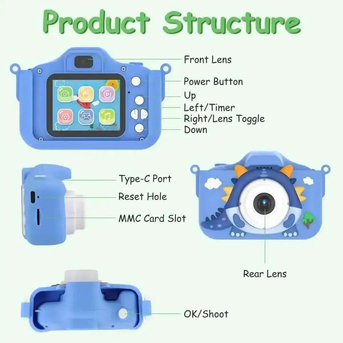 Dinosaur Kids Selfie 48MP 1080P HD Cartoon Digital Camera DailySale Blue Pink Blue-Pink-