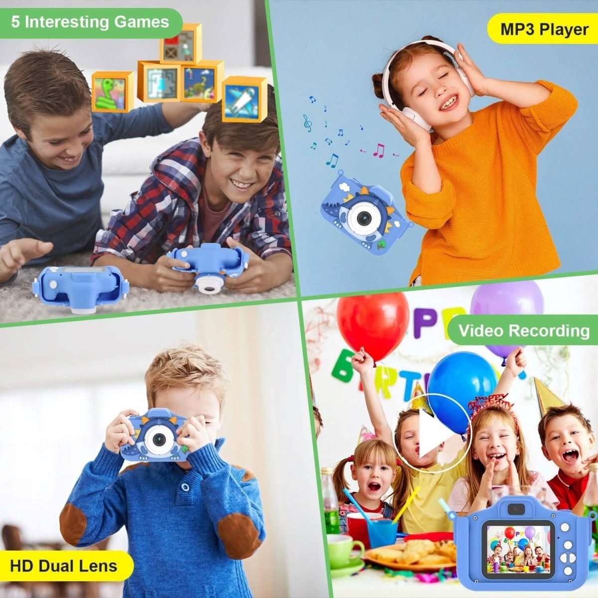 Kids using a blue dinosaur digital camera in multiple activity scenes