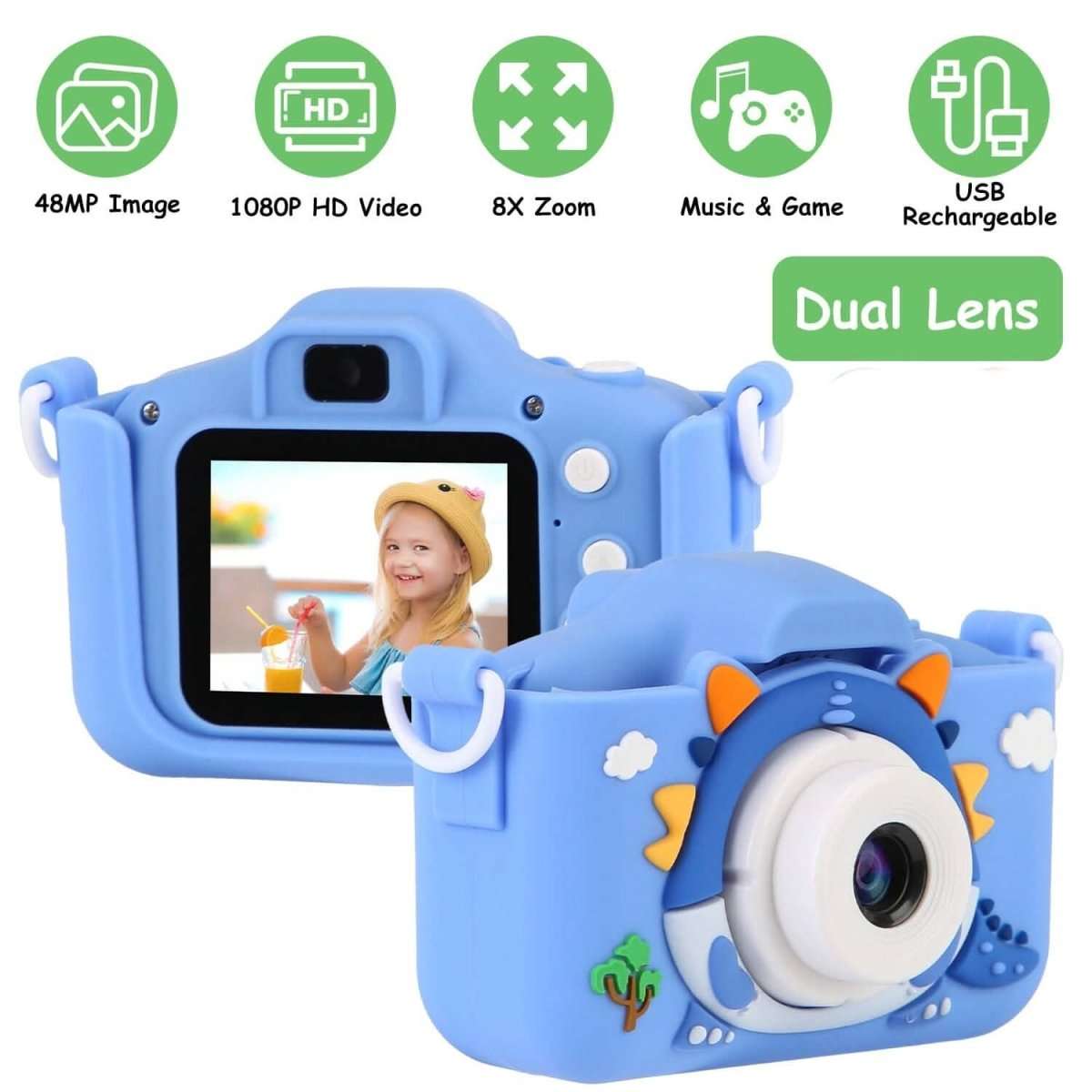 Blue dual-lens kids dinosaur selfie camera with front lens and rear screen showing a portrait