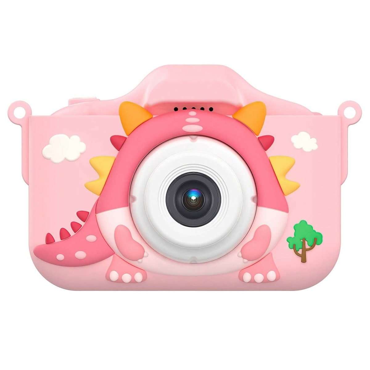 Kids dinosaur selfie camera in pink, with large front lens and cartoon dino face design