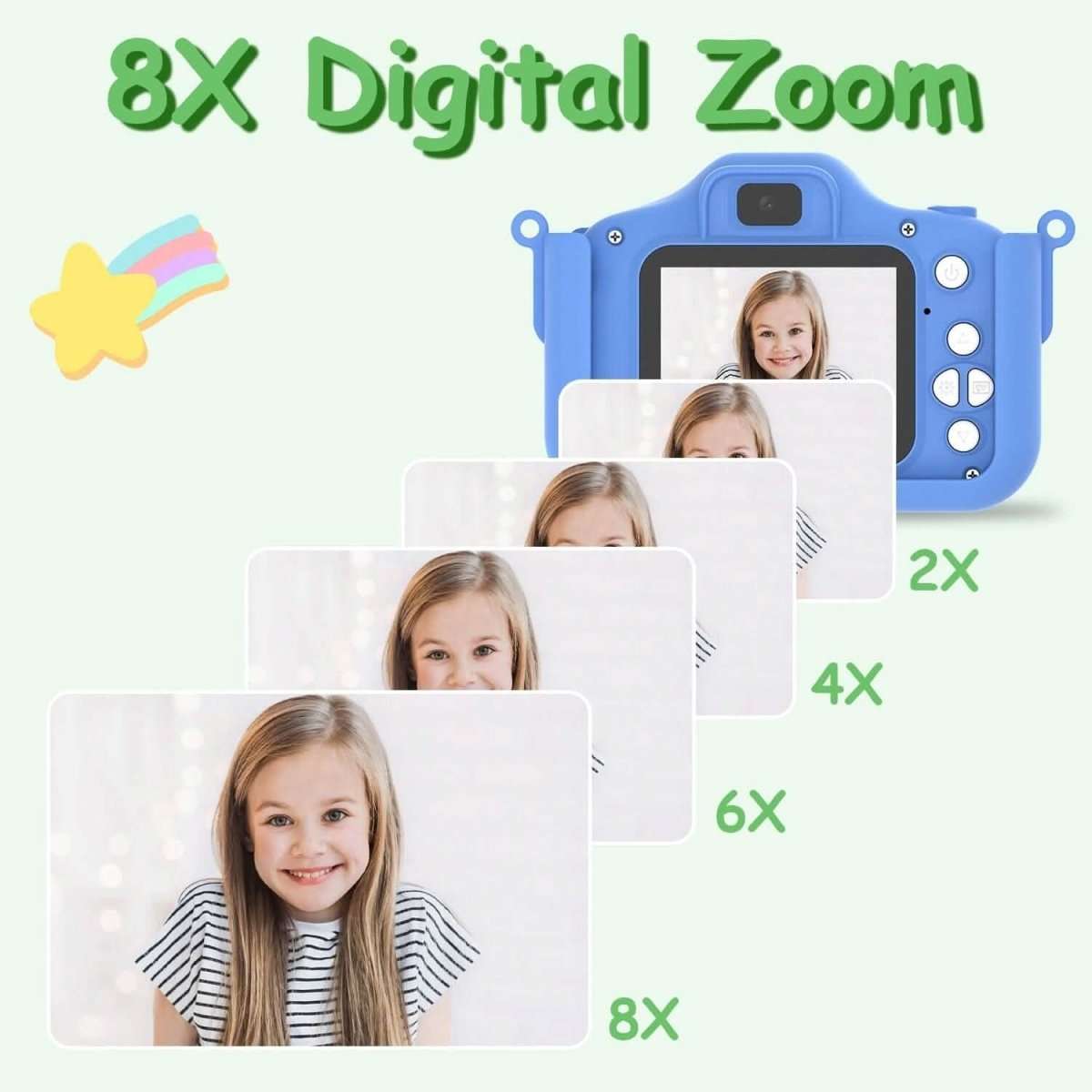 Blue kids dinosaur camera with display and 8x digital zoom cards showing different crops