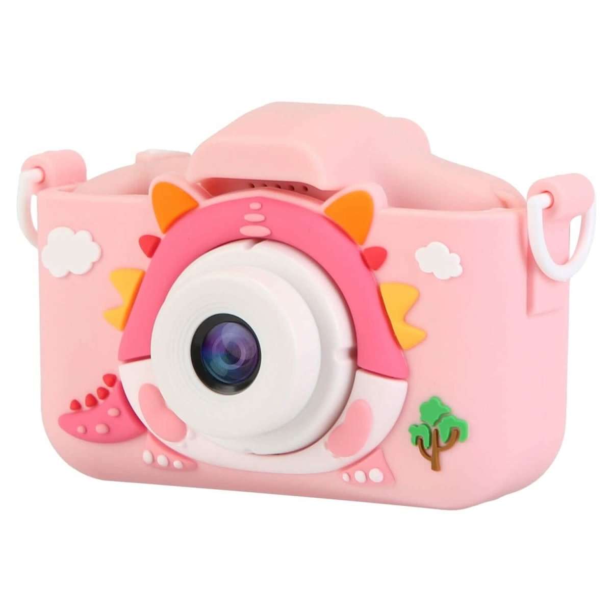 Pink kids dinosaur selfie camera, front view with round lens and dino-style eye details