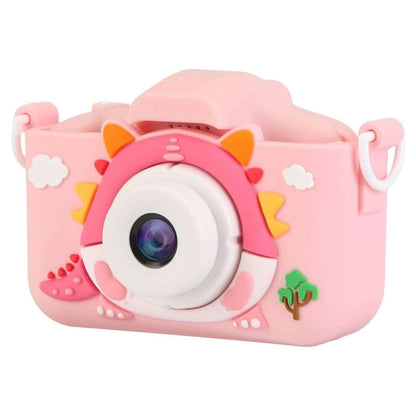 Pink kids dinosaur selfie camera, front view with round lens and dino-style eye details