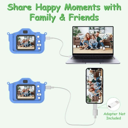 Blue dinosaur kids digital camera connected to laptop and phone for sharing