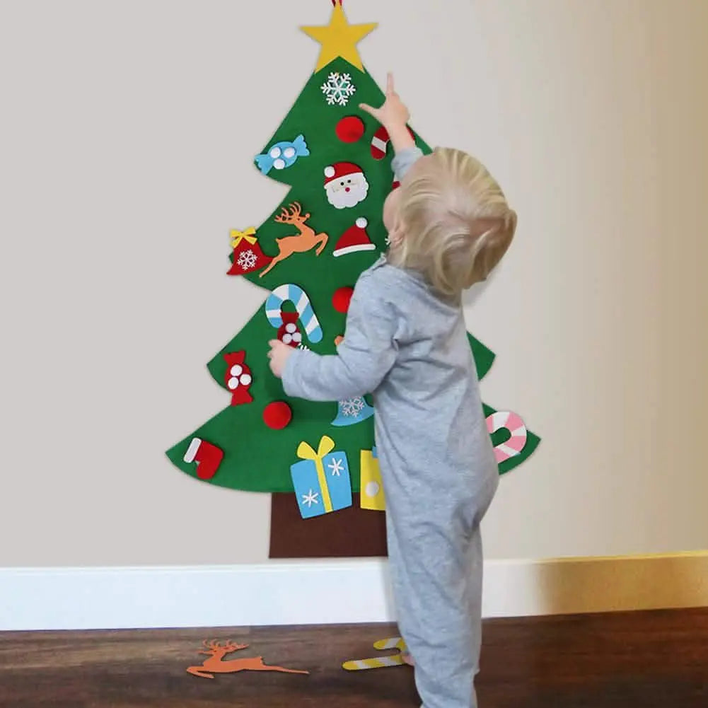 Green felt Christmas tree wall decoration with star topper and hanging ornaments