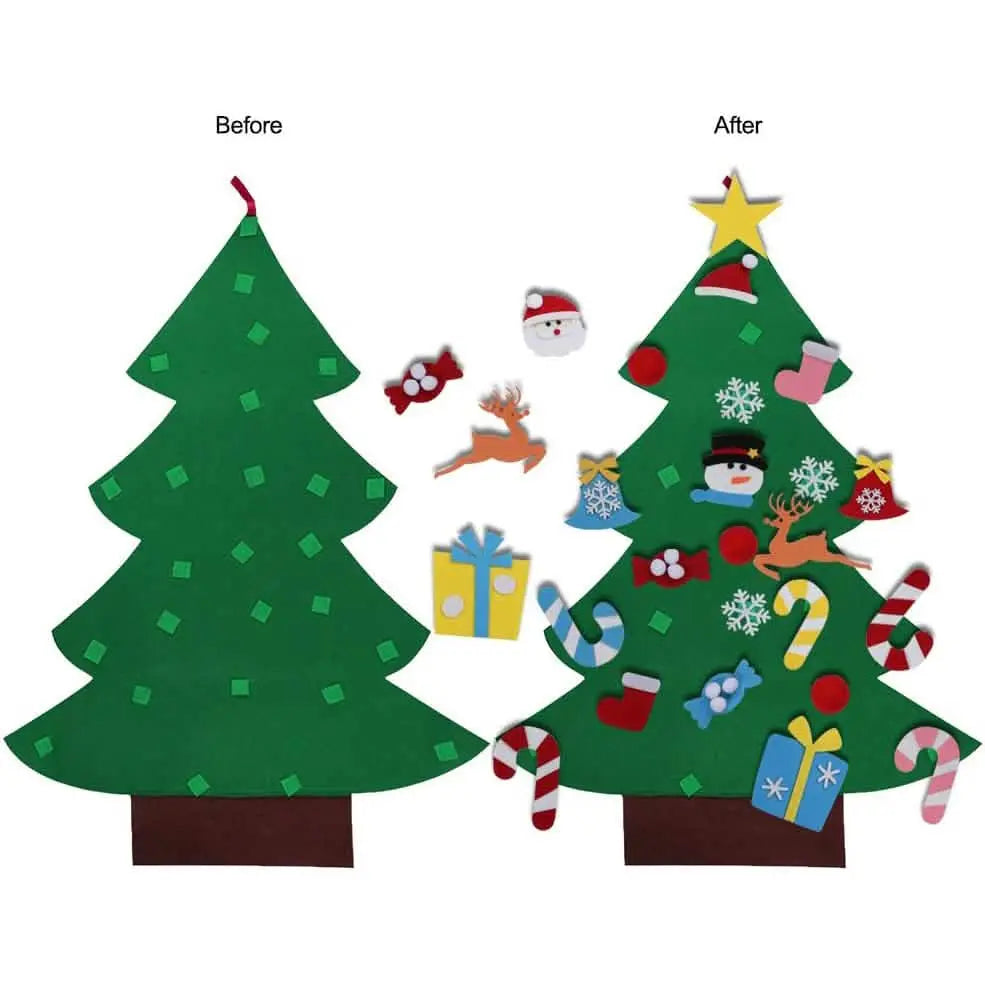 Green felt Christmas tree with Santa, snowflake, and candy-cane ornament pieces