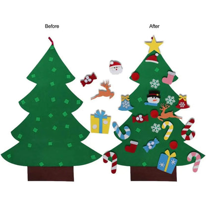 Green felt Christmas tree with Santa, snowflake, and candy-cane ornament pieces