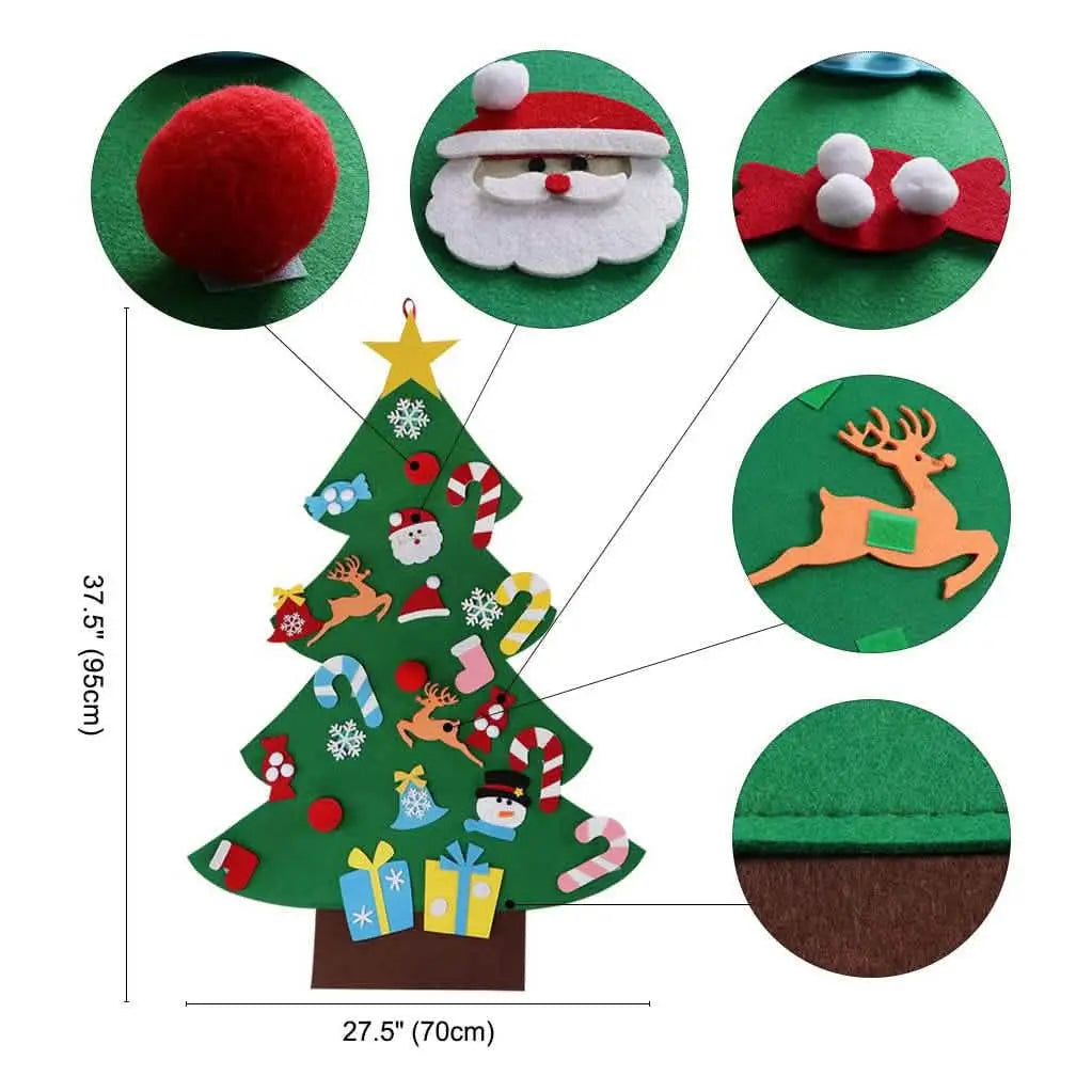 Green felt Christmas tree shape with attached ornaments and pom-pom details
