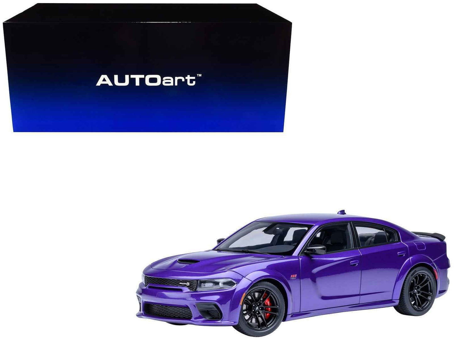 Purple metallic 1/18 scale Dodge Charger model car with widebody styling