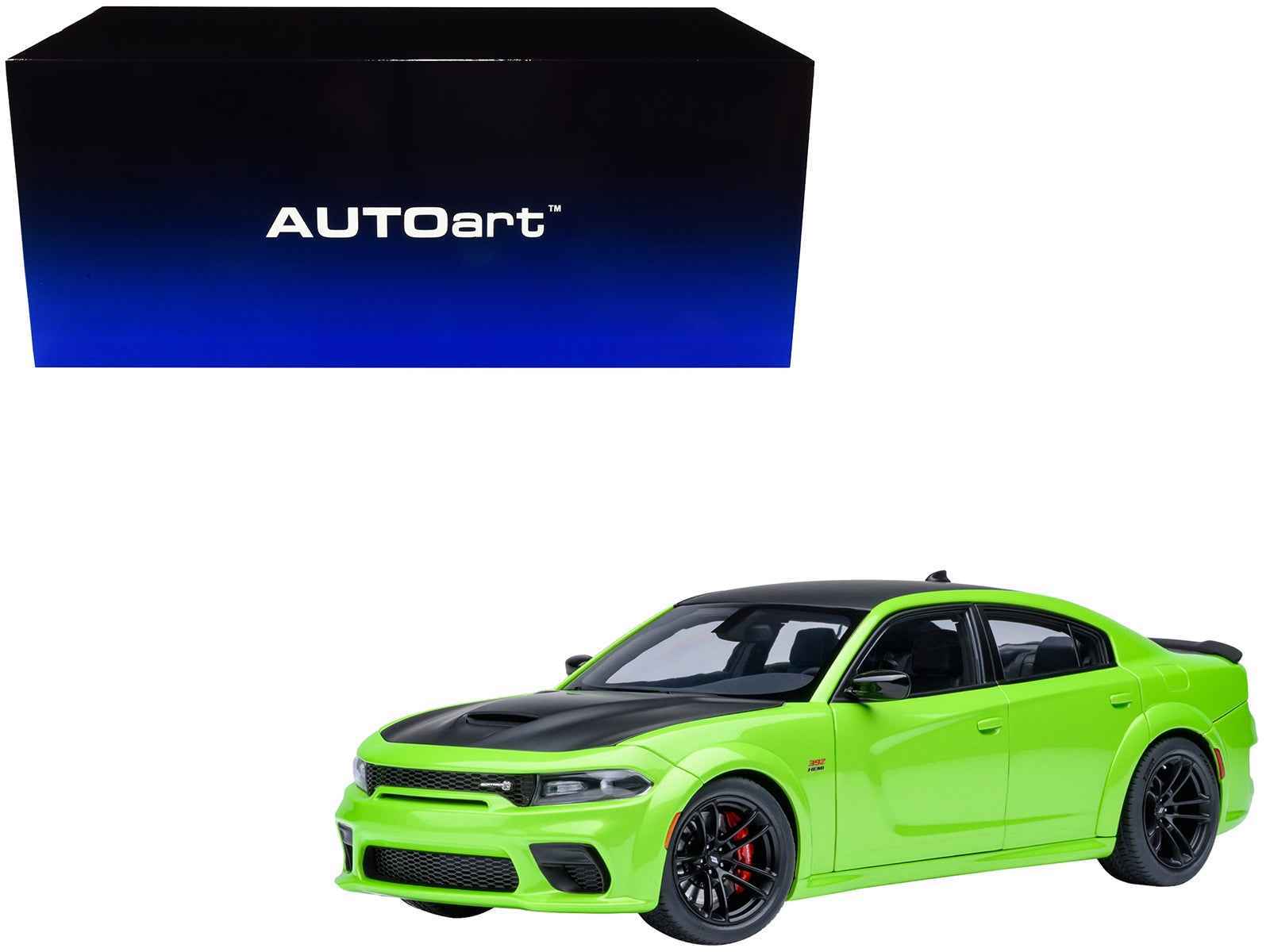 Dodge Charger Scat Pack Widebody Sublime Green with Matt Black Hood and Top 1/18 Model Car by Autoart Cartsfy Inc.