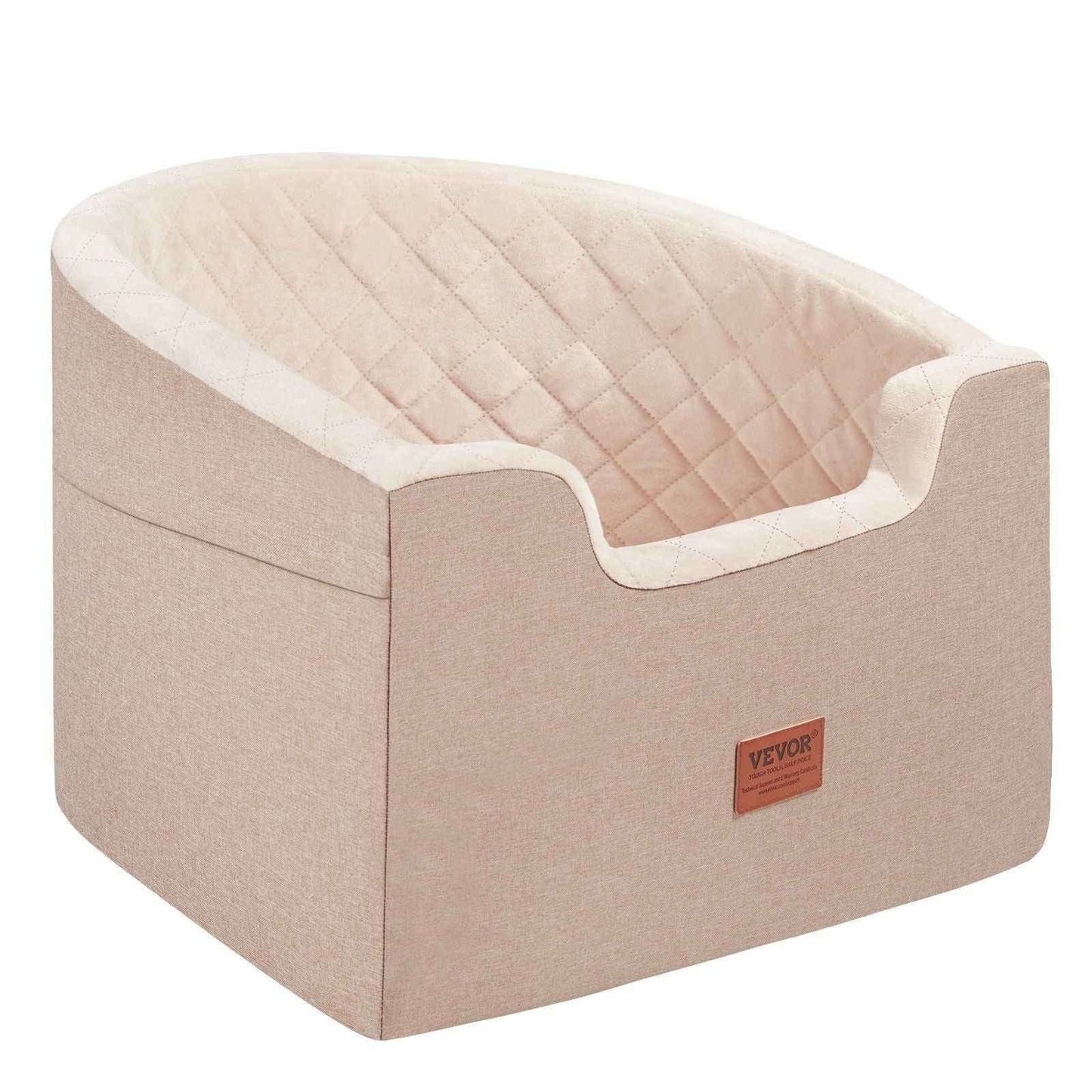Brown barrel-style pet booster car seat with quilted top and side logo patch