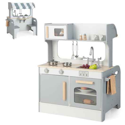 Kids pretend kitchen playset, double-sided gray unit with stove, sink, oven, cabinets
